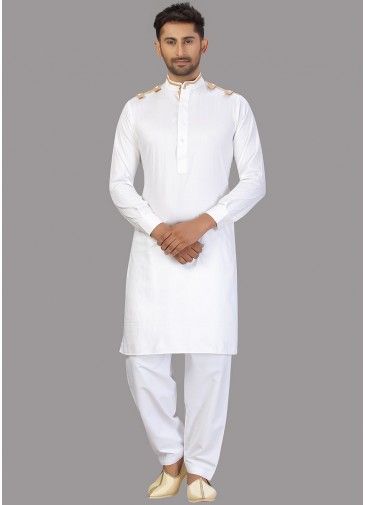 White Readymade Cotton Pathani Suit