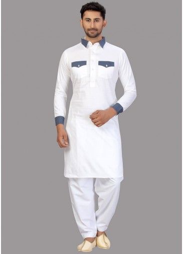 White Readymade Pathani Suit In Cotton