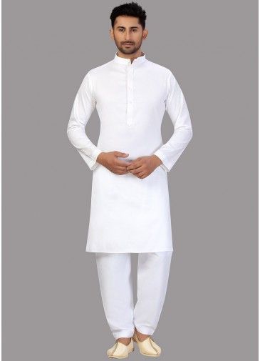White Readymade Plain Pathani Suit