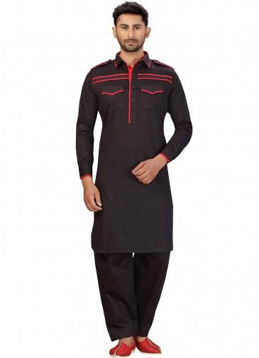 Readymade Black Cotton Pathani Suit