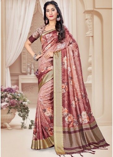 Shaded Red Saree In Digital Floral Print