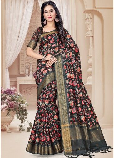Black Saree In Digital Floral Print