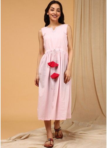 Readymade Pink Cotton Tasseled Indo Western Dress