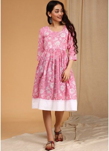 Pink Floral Block Printed Readymade Cotton Dress