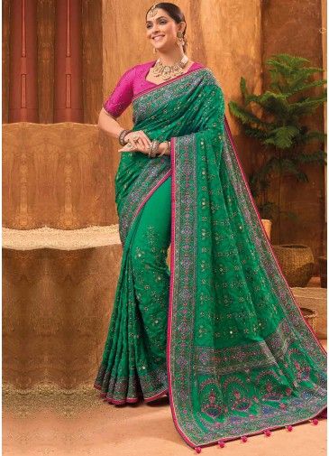 Green Thread Embroidered Banarasi Silk Saree