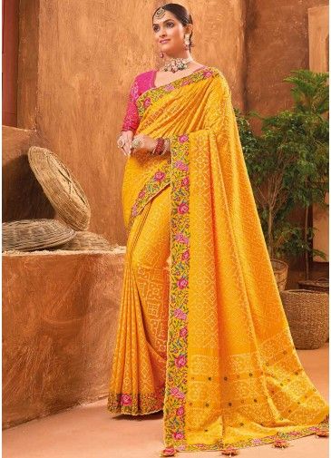 Mustard Yellow Embroidered Banarasi Silk Saree