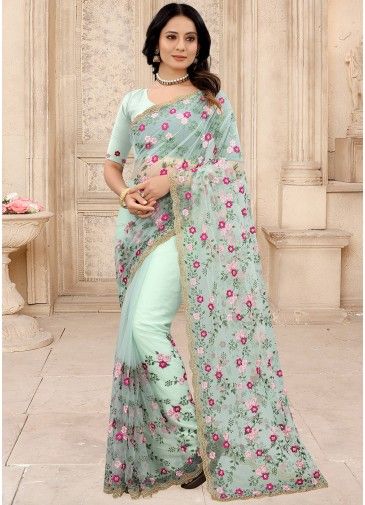 Pastel Green Embroidered Saree & Blouse
