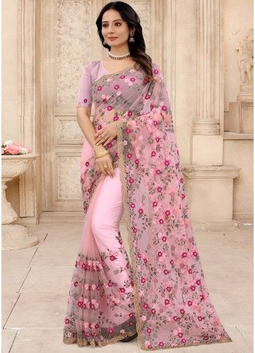Dusty Pink Floral Embroidered Net Saree