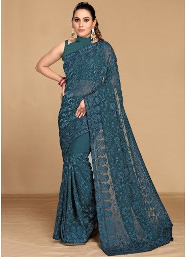 Teal Blue Georgette Saree In Thread Embroidery