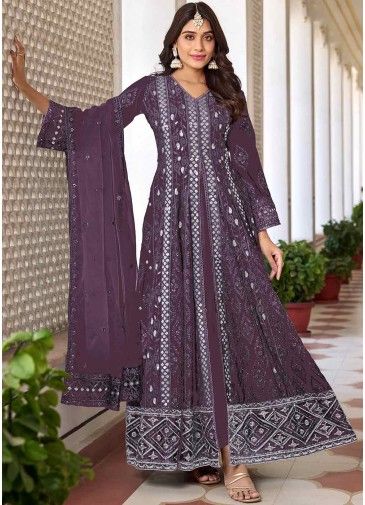 Mauve Purple Georgette Front Silt Suit In Thread Embroidery