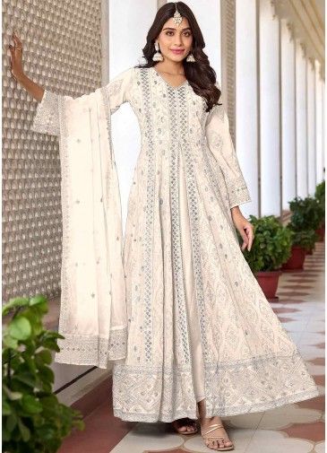 White Thread Embroidered Front Slit Suit In Georgette