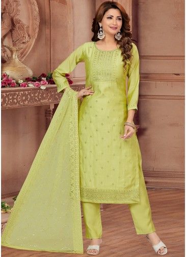 Green Embroidered Readymade Pant Suit In Art Silk
