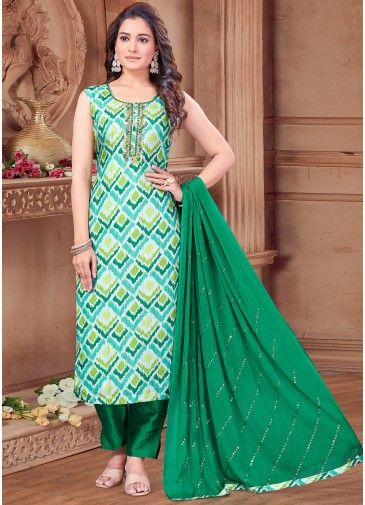 Green Readymade Embroidered Art Silk Pant Suit Set
