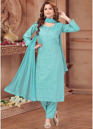 Readymade Embroidered Art Silk Pant Suit In Blue