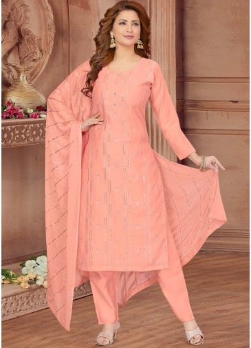 Peach Embroidered Readymade Art Silk Pant Suit