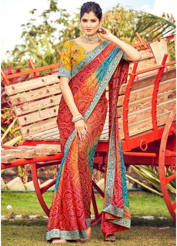 Multicolored Chiffon Saree In Bandhani Print