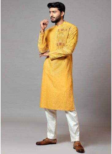 Yellow Embroidered Readymade Kurta Pyjama