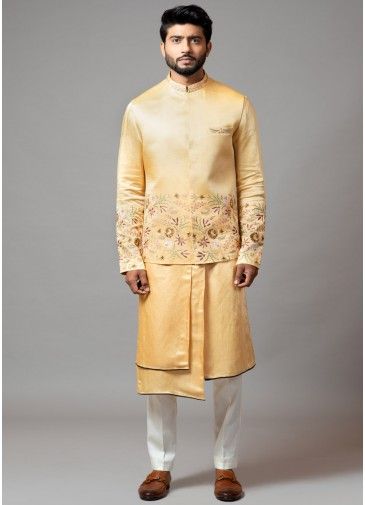 Yellow Readymade Asymmetric Kurta Set With Nehru Jacket