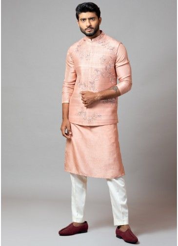 Pink Readymade Nehru Jacket With Kurta Pajama