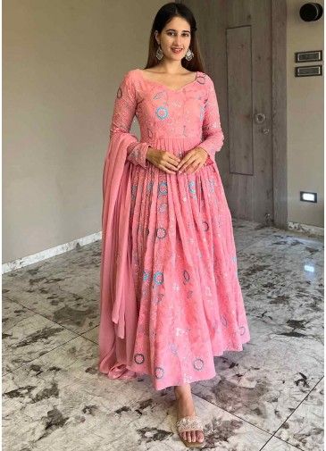 Pink Readymade Embroidered Georgette Anarkali Suit