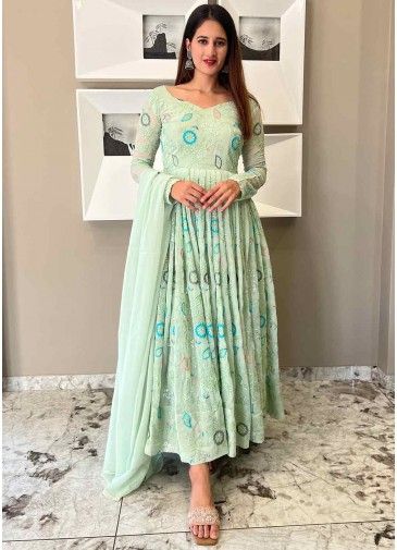 Seafoam Green Readymade Embroidered Anarkali Suit Set