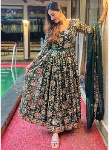 Teal Green Embroidered Readymade Anarkali Suit