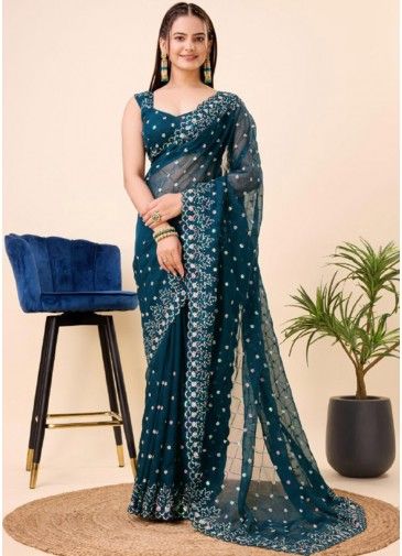 Teal Blue Thread Embroidered Saree & Blouse