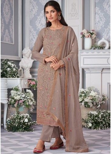 Mauve Brown Organza Pant Suit In Dori Embroidery