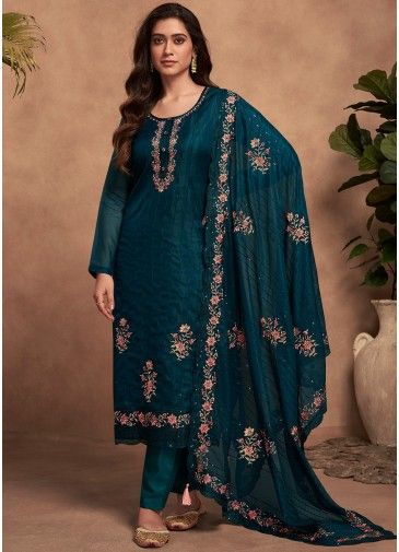 Teal Blue Thread Embroidered Pant Suit Set