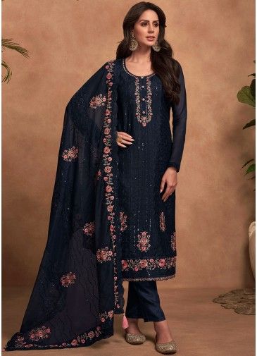 Navy Blue Embroidered Pant Suit In Organza