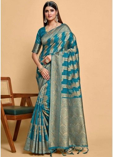 Teal Blue Woven Work Saree In Banarasi Silk