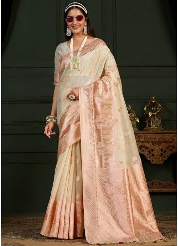 Off White Banarasi Silk Woven Saree