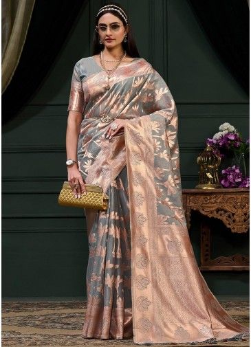 Grey Banarasi Silk Woven Saree