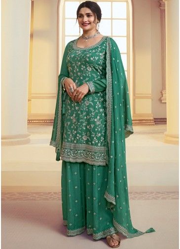 Prachi Desai Green Embroidered Chiffon Sharara Suit