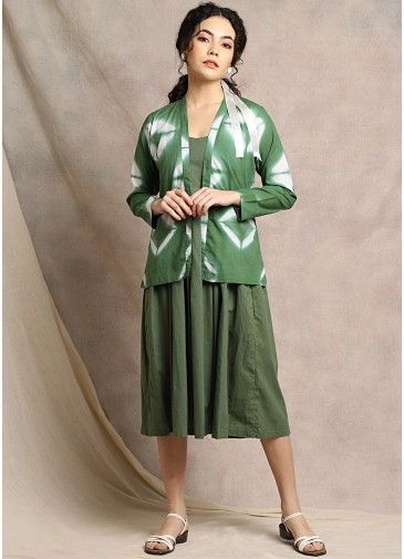 Readymade Green Dress With Tie Dye Printed Jacket
