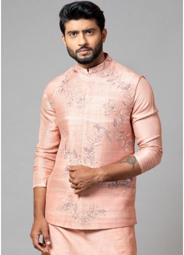 Pink Readymade Embroidered Nehru Jacket In Silk