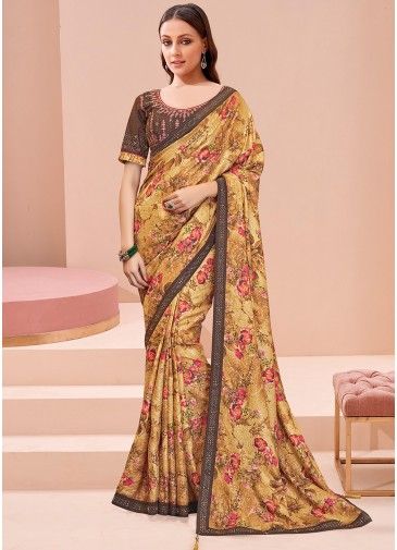 Yellow Floral Printed Saree In Georgette