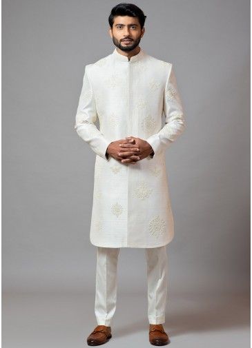 Readymade White Embroidered Sherwani In Silk