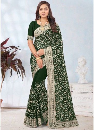Bottle Green Embroidered Saree In Georgette
