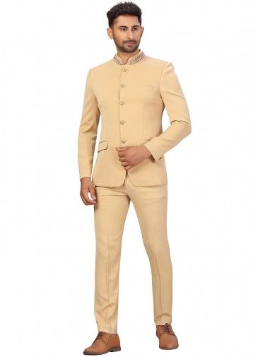 Readymade Beige Art Silk Bandhgala Jodhpuri Suit