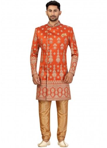 Orange Readymade Embroidered Sherwani With Pant