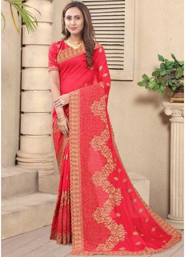 Red Embroidered Saree In Art Silk