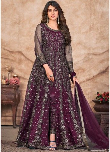 Purple Slit Style Pant Suit In Dori Embroidery