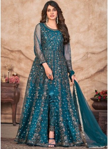 Teal Blue Embroidered Slitted Pant Suit In Net