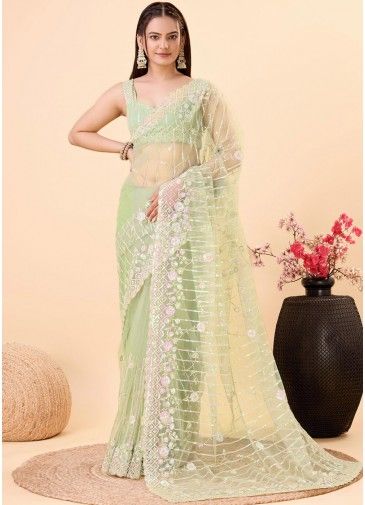 Green Sequins Embroidered Saree In Net