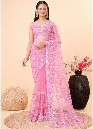 Pink Sequins Embroidered Saree In Net