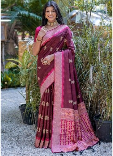 Maroon Woven Saree With Blouse