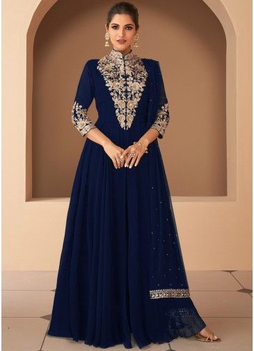 Blue Georgette Embroidered Front Slit Readymade Pant Suit Set