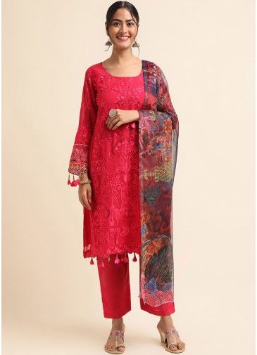 Red Sequins Embroidered Pant Suit Set