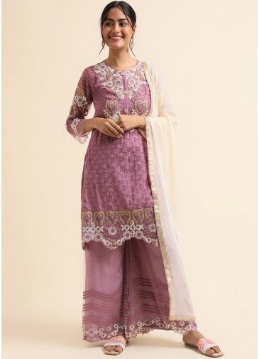 Purple Embroidered Palazzo Suit Set In Georgette